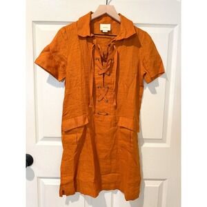 Maeve Anthropologie 100% Linen Short Sleeve Lace Up Tunic Dress 2 Pumpkin Orange